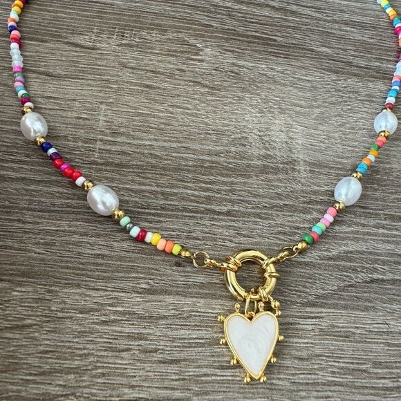 Colorful Beaded Necklace Heart Pendant N819 - Picture 5 of 8